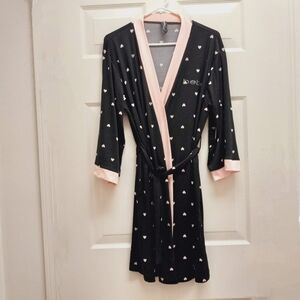 Bebe Kimono Robe Black Pink Medium Hearts Sleepwear Lounge Cozy Valentines